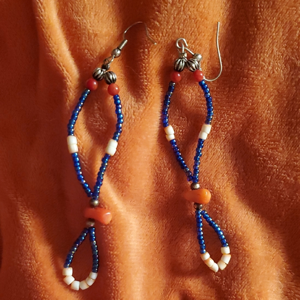 Blue and White Beaded Earrings